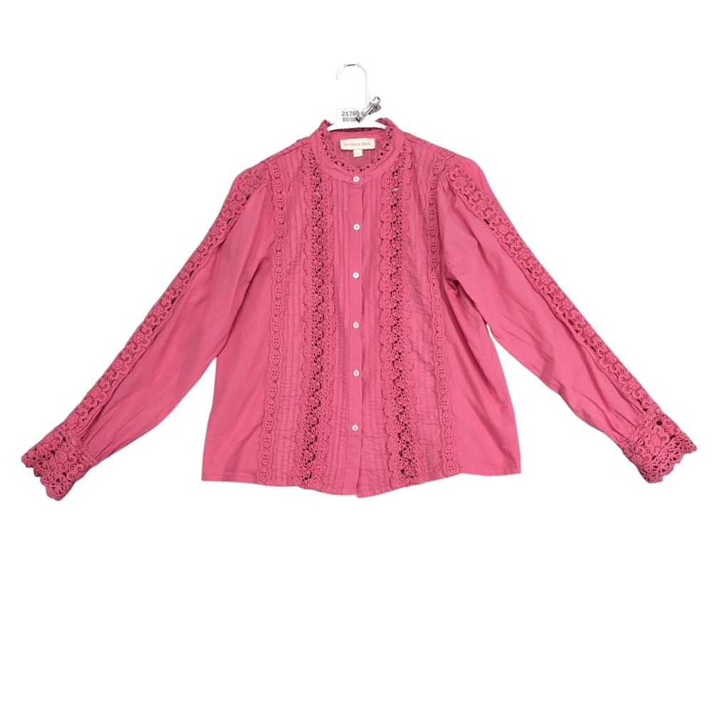 Jennifer & Grace Pink Crochet Lace Cotton‎ Blouse Womens S Pleated Boho Romantic